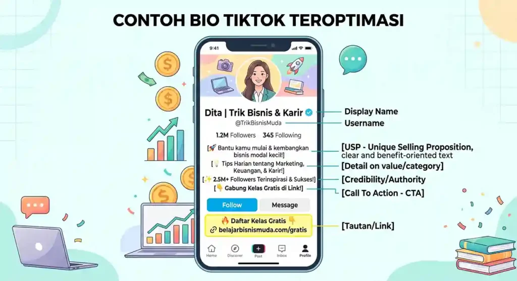 Contoh ilustrasi Bio TikTok yang dioptimasi dengan baik, menampilkan nama, USP, dan CTA
