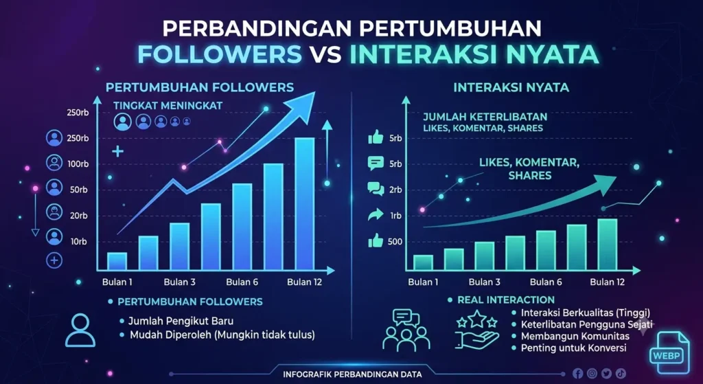 Grafik perbandingan antara pertumbuhan jumlah followers dan tingkat interaksi nyata (engagement) di Instagram tahun 2026