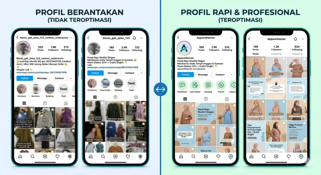 Ilustrasi perbandingan antara profil Instagram bisnis yang berantakan versus profil yang teroptimasi dengan rapi dan profesional