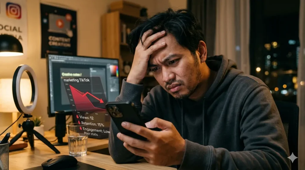 Pria sedang menganalisis performa konten di smartphone dan merasa frustrasi