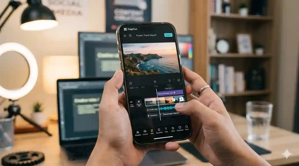 Proses editing video menggunakan smartphone dengan antarmuka aplikasi CapCut