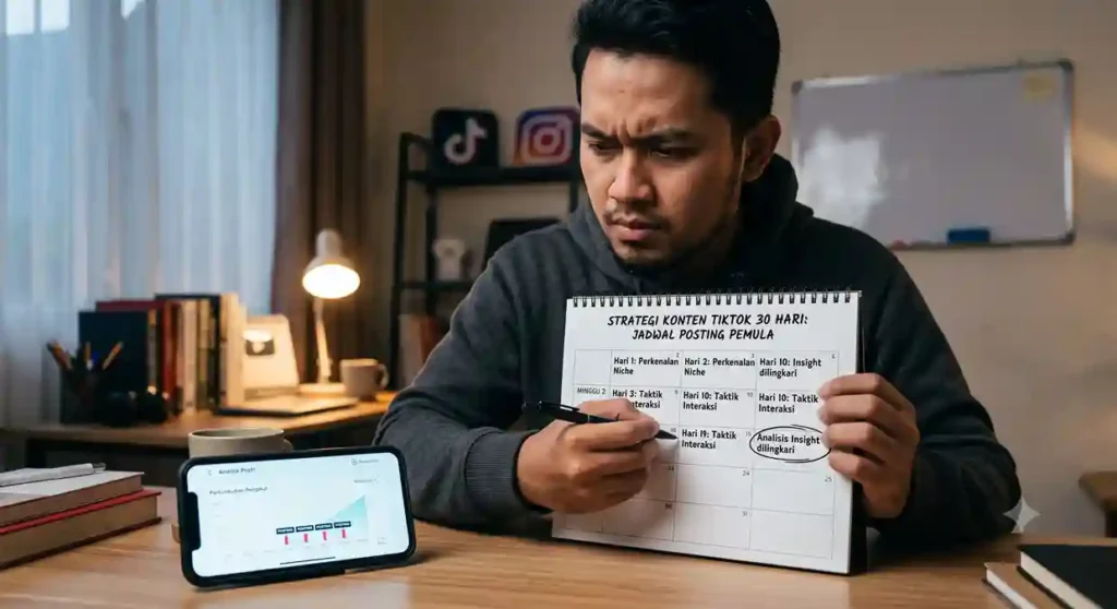 Seseorang memegang kalender dengan ekspresi serius merencanakan sesuatu di depan layar smartphone