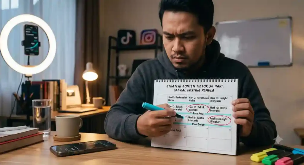 Seseorang menandai kalender bulanan dengan stabilo, mengatur jadwal posting yang rapi