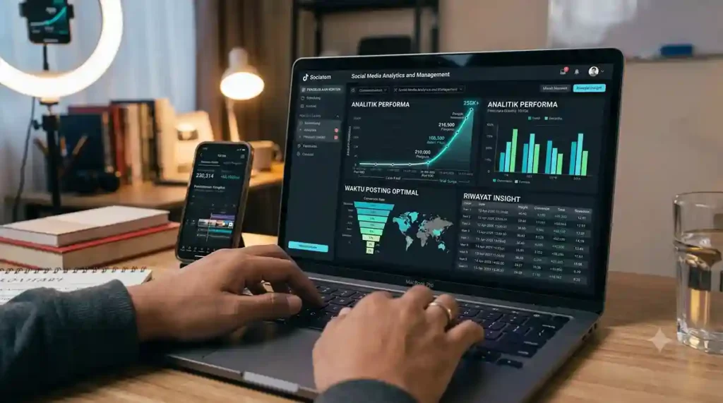 Tangan seseorang mengetik di keyboard laptop, menunjukkan proses pengelolaan dan analitik akun media sosial