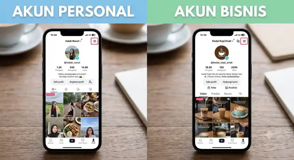 Tangkapan layar perbandingan tampilan menu di profil akun Personal vs akun Bisnis TikTok