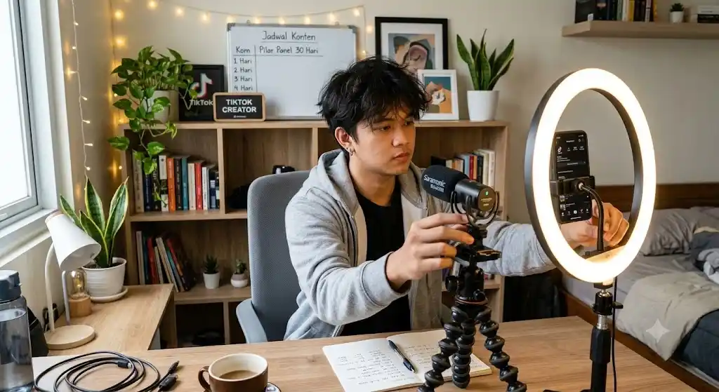 Kreator TikTok sedang menyiapkan perlengkapan setup studio mini di kamar dengan ring light dan mikrofon