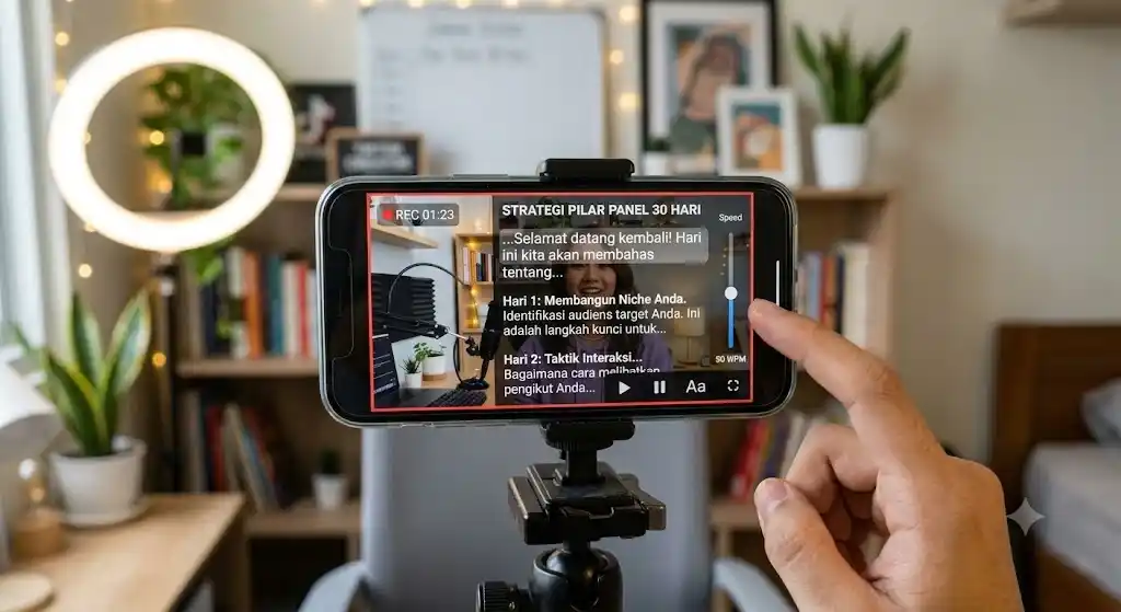 Penggunaan aplikasi teleprompter di smartphone untuk membaca naskah saat merekam konten video