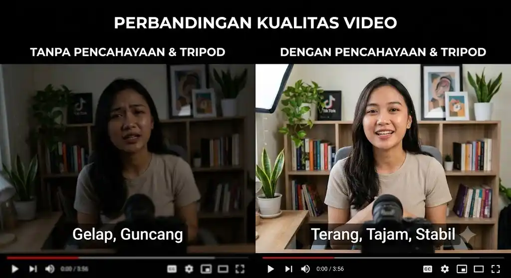 Perbandingan hasil rekaman video TikTok dengan dan tanpa menggunakan ring light serta tripod