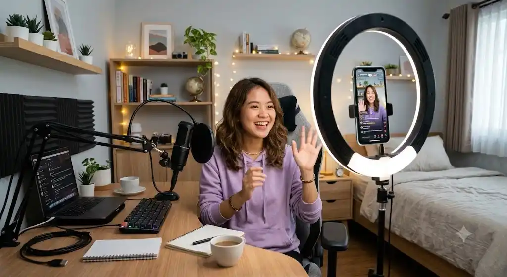 Seorang kreator sedang melakukan Live Streaming di kamar yang tertata rapi