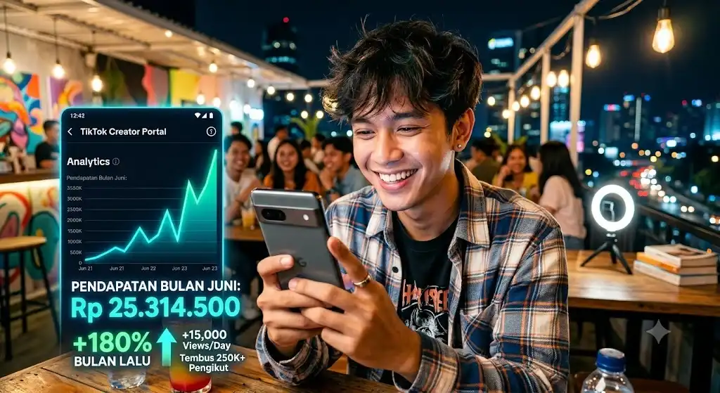 Seseorang memegang ponsel pintar dengan wajahnya tersenyum puas