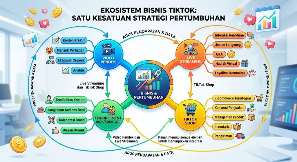 Skema visual yang menghubungkan Video Pendek, Live Streaming, TikTok Shop, dan Endorsement sebagai satu kesatuan ekosistem bisnis