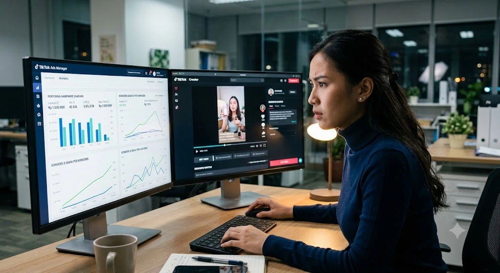 Profesional sedang menganalisis grafik dasbor TikTok Ads Manager di monitor ganda