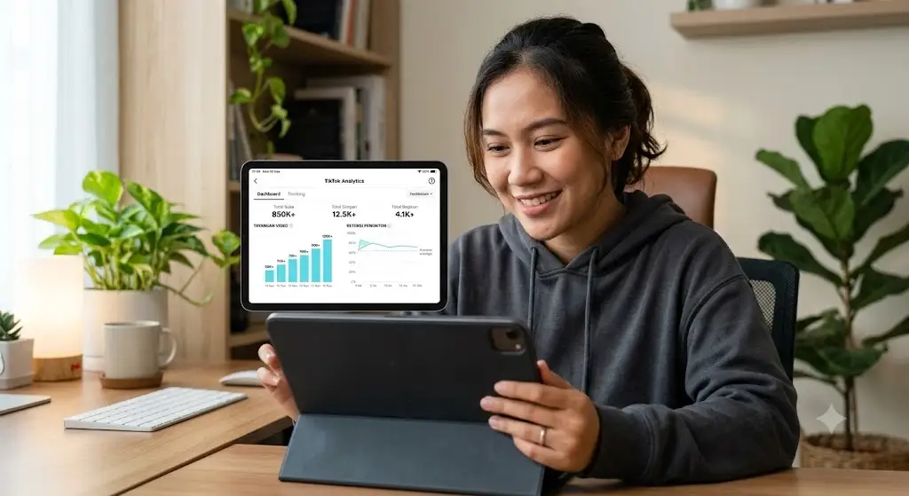 Seseorang mengangguk paham saat melihat grafik analitik TikTok di layar tablet