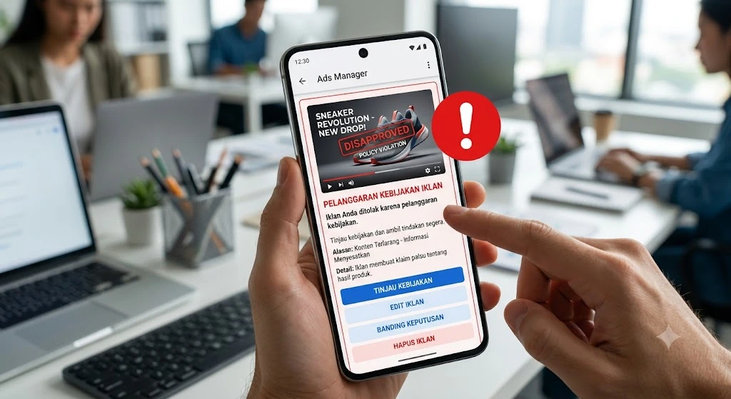 Tampilan notifikasi penolakan materi kampanye di dasbor iklan akibat pelanggaran kebijakan