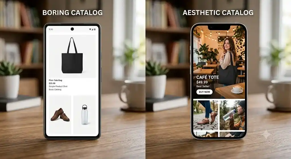 Perbandingan visual optimasi foto katalog produk di TikTok Shop antara latar putih dan foto gaya hidup
