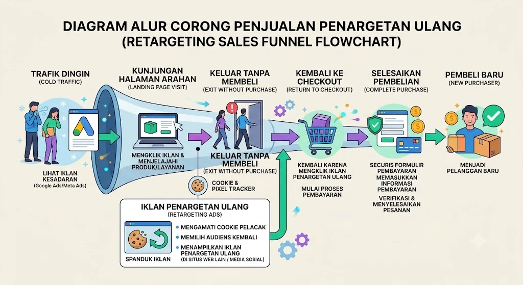 Diagram corong penjualan yang menjelaskan proses retargeting dari pengunjung dingin hingga menjadi pembeli loyal