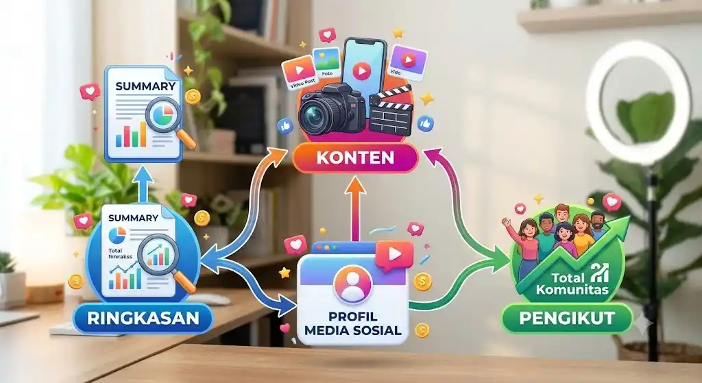 Ilustrasi tiga tab utama analitik TikTok yaitu overview konten dan followers
